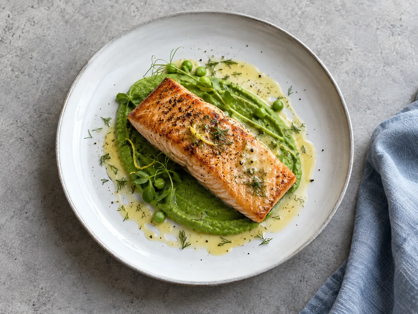 Salmon with peas and lemon on a ceramic plate
